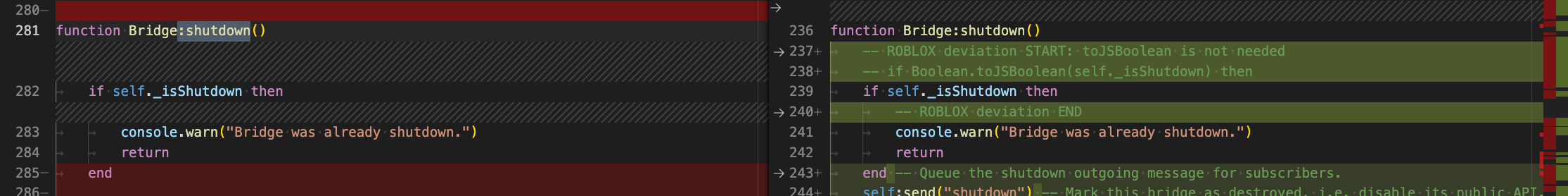 Bridge shutdown method's diff after marking a deviation
