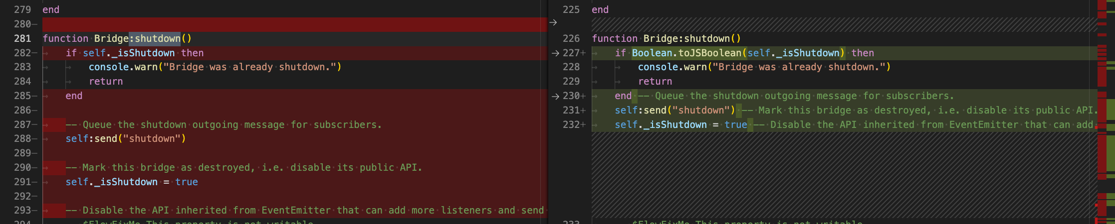 Bridge shutdown method's diff before marking a deviation